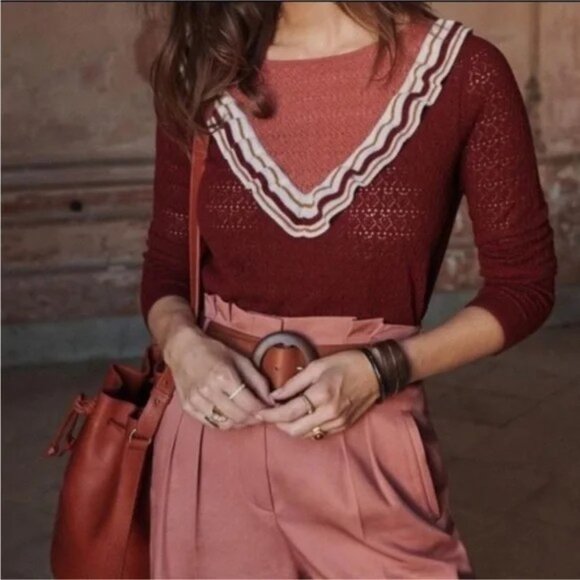 Sezane Mael La Maille Ruffle V Long Sleeve Sweater - Picture 2 of 6